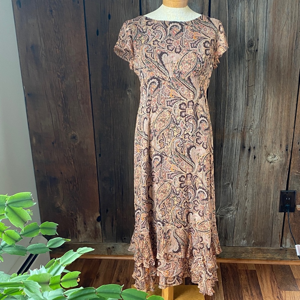 100% silk Coldwater Creek Paisley Midi Dress brown Sz 6 P 90’s, Y2K